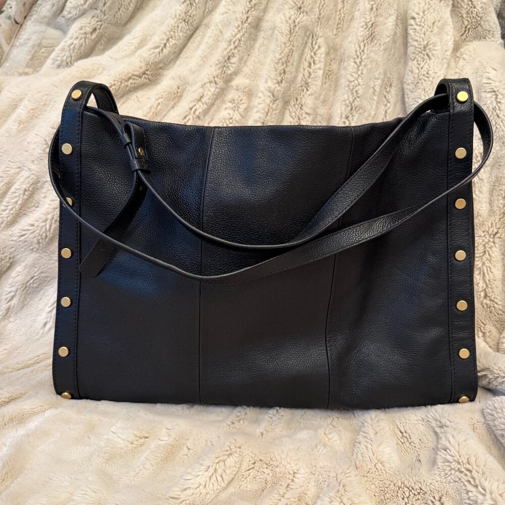 Lisha Black Leather Bucket Satchel Bag Vince Camuto with Gold Grommets